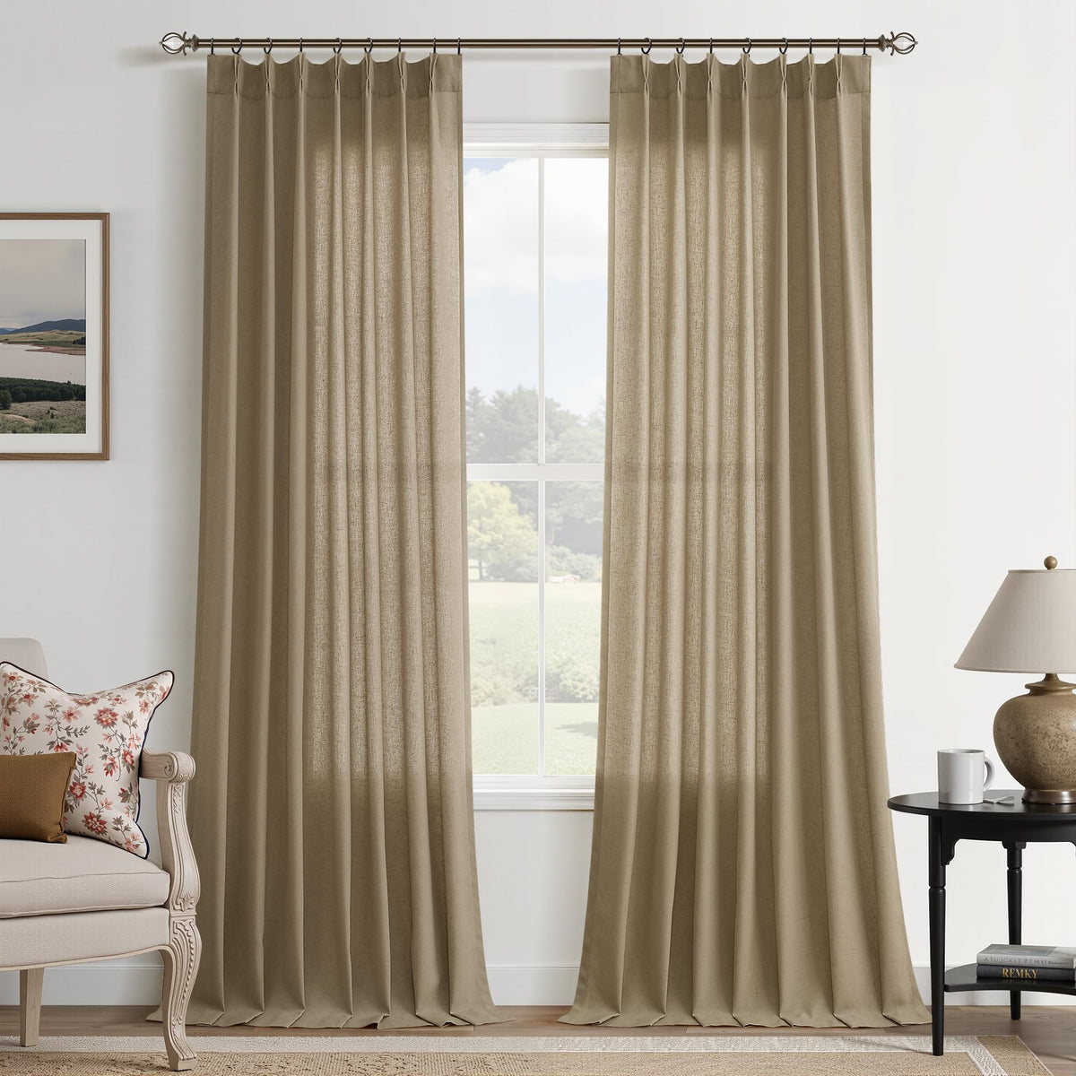 Aersas Linen Pinch Pleated Curtains 84 Inch Length 2 Panels Set for Living Room Cream Semi Sheer Window Curtain for Bedroom Boho Farmhouse Neutral Back Tab Drape Decor with Hooks, Natural Beige Ivory