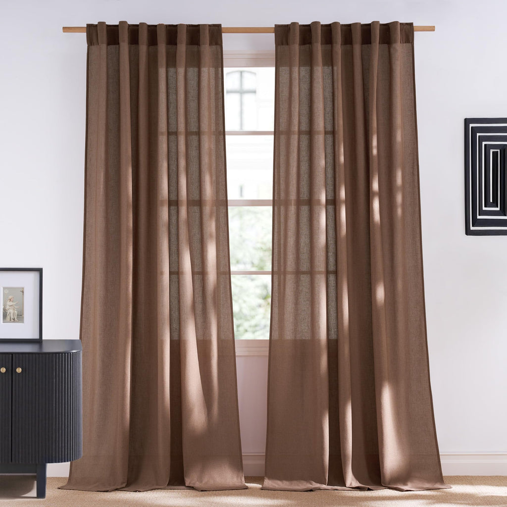 NICETOWN Flax Sheer Linen Curtains for Living Room 95 inch Long 2 Panels, Rod Pocket & Back Tab Semi Sheer Drapes Privacy Added with Light Filtering for Bedroom/Living Room, Natural, W55 x L95