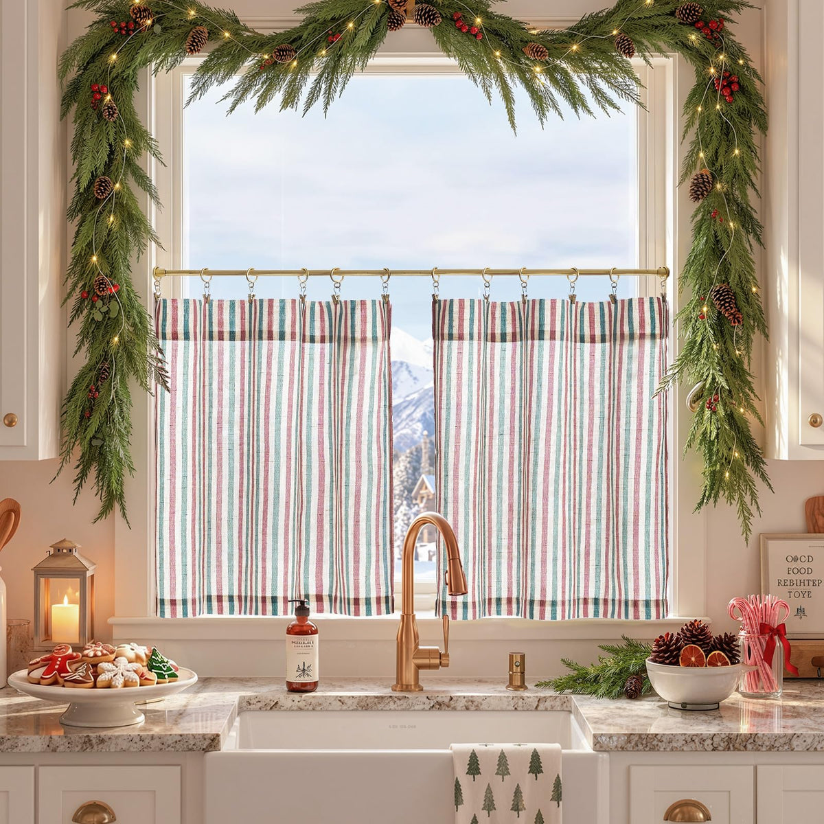 jinchan Striped Linen Kitchen Curtains 36 Inches Length Tier Curtains Farmhouse Modern Cafe Style Small Window Treatments Airy Light Filtering Rod Pocket for Living Room Bathroom 2 Panels Sage Green