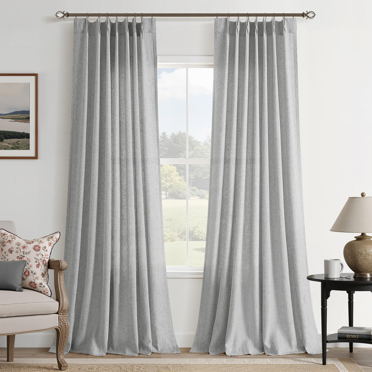 Aersas Linen Pinch Pleated Curtains 84 Inch Length 2 Panels Set for Living Room Cream Semi Sheer Window Curtain for Bedroom Boho Farmhouse Neutral Back Tab Drape Decor with Hooks, Natural Beige Ivory