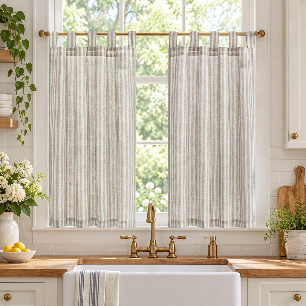 jinchan Striped Linen Kitchen Curtains 36 Inches Length Tier Curtains Farmhouse Modern Cafe Style Small Window Treatments Airy Light Filtering Rod Pocket for Living Room Bathroom 2 Panels Sage Green