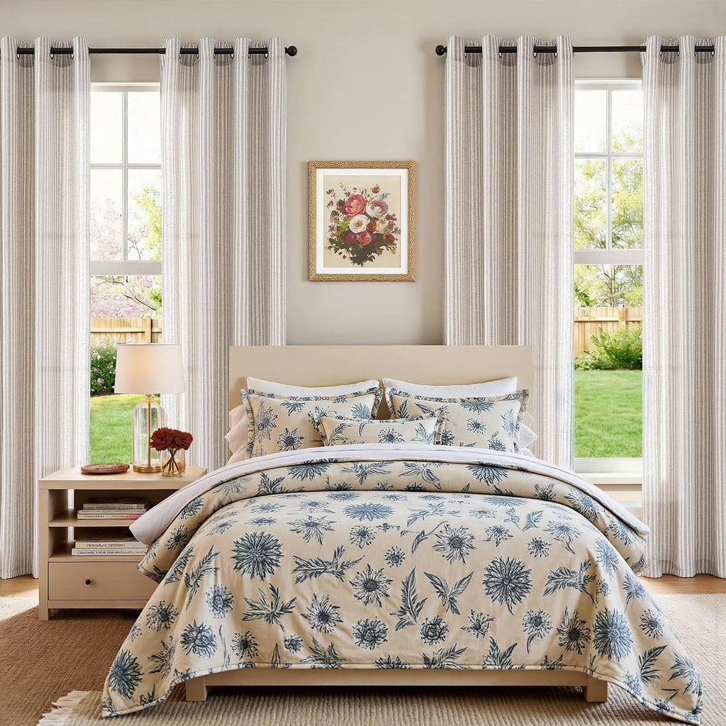 jinchan Linen Curtains 84 Inch Taupe Stripe on Linen Grommet 2 Panels