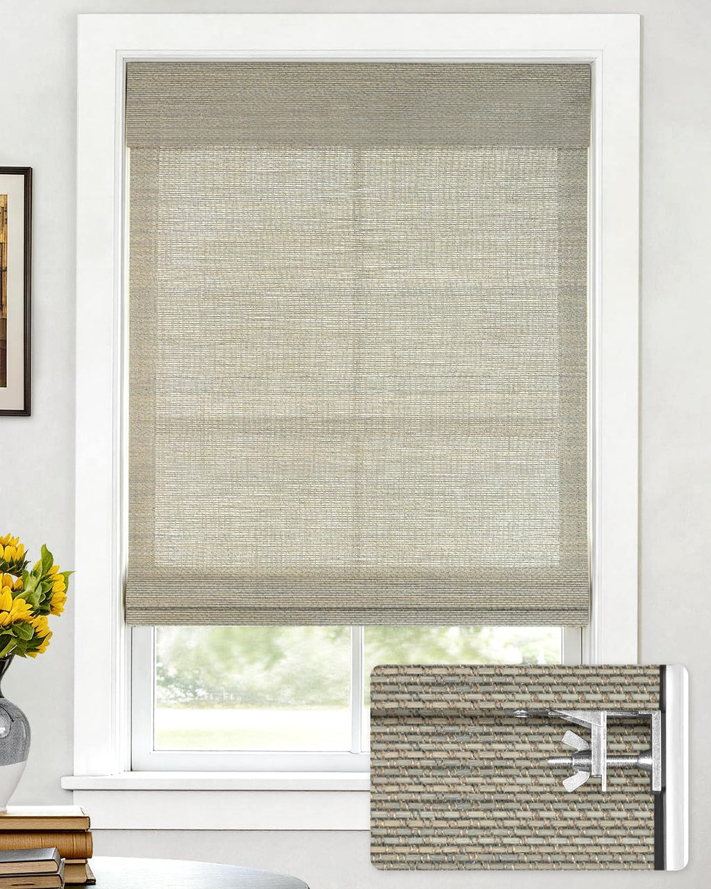 LazBlinds No Drill Bamboo Roman Shades, 22" W x 48" H, Star-Brown