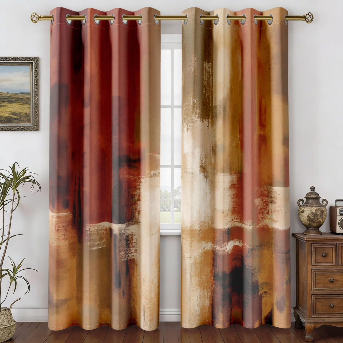 Burnt Orange Abstract Curtains for Living Room Bedroom, 52W x 84L, 2 Panels