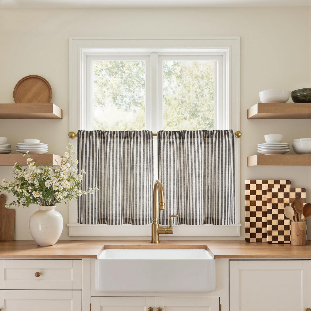jinchan Striped Linen Kitchen Curtains 36 Inches Length Tier Curtains Farmhouse Modern Cafe Style Small Window Treatments Airy Light Filtering Rod Pocket for Living Room Bathroom 2 Panels Sage Green