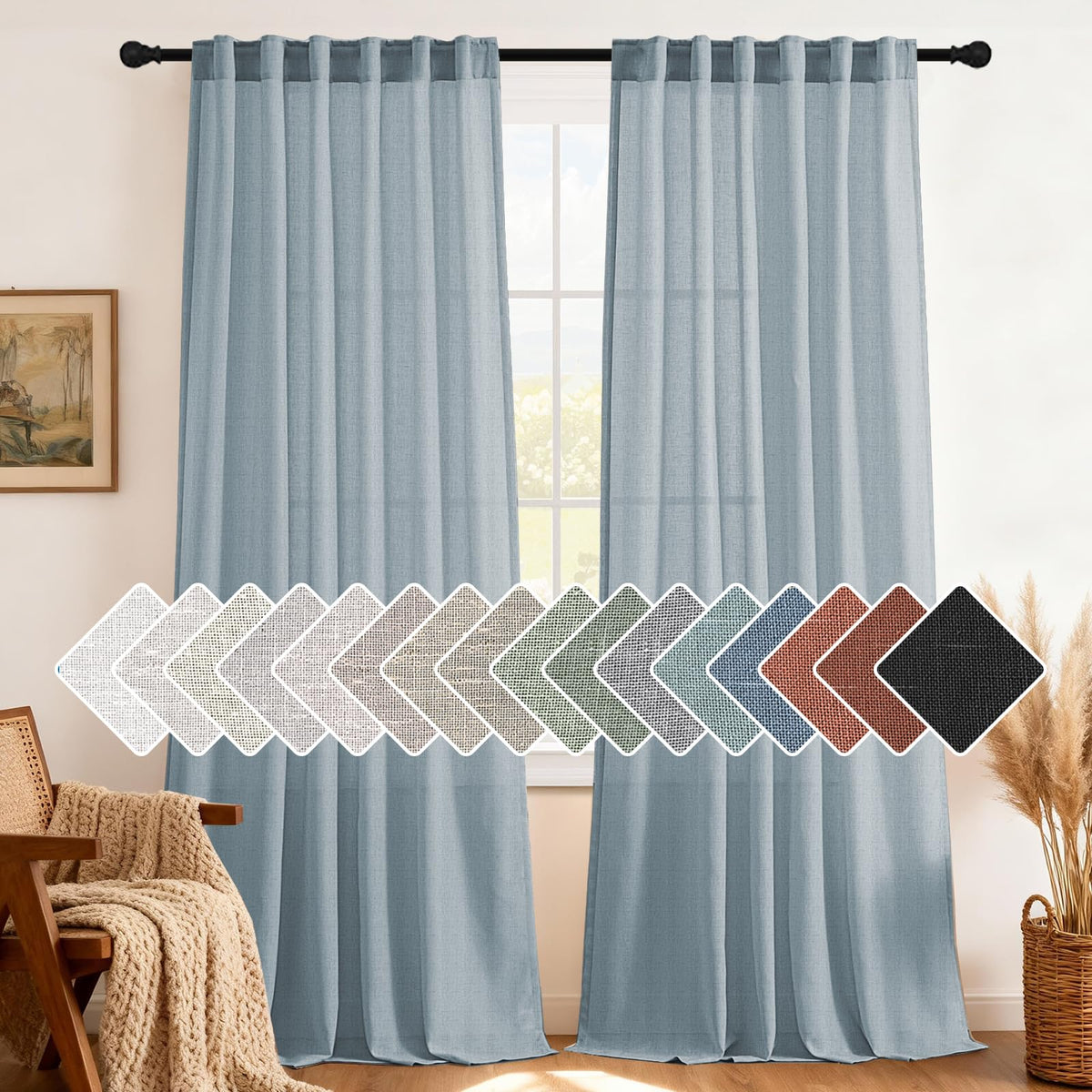 H.VERSAILTEX Natural Linen Grommet Curtains 84 Inch Length for Living Room 2 Panel Drape Semi Sheer Neutral Country Rustic Farmhouse Boho Curtain Bedroom Muslin Look Light Filtering, Heathered Natural