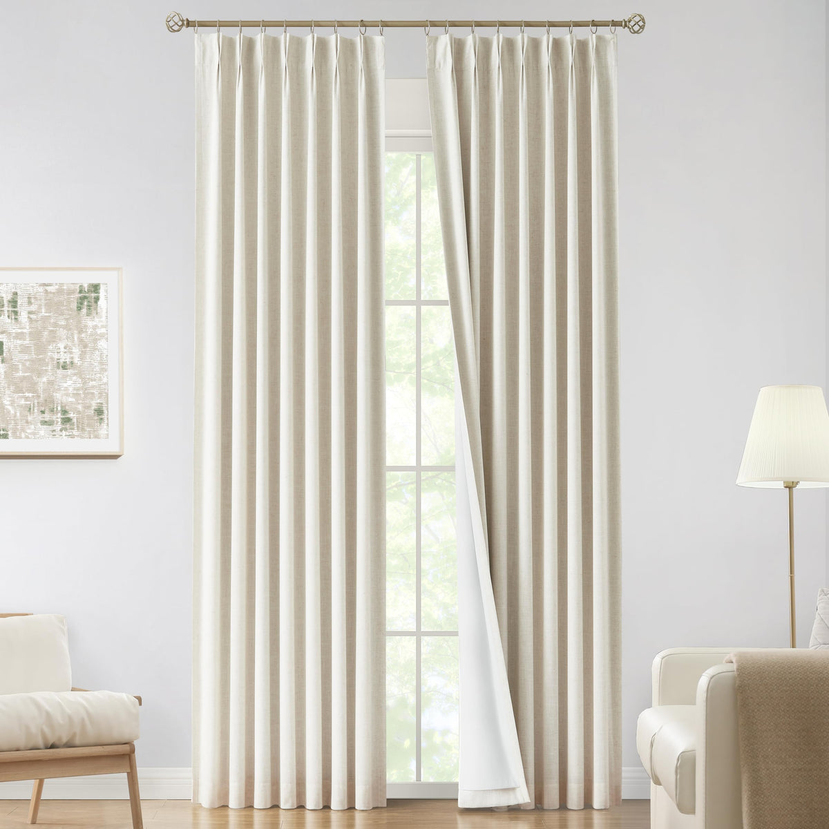 Vision Home Natural Pinch Pleated Full Blackout Curtains Linen Blended Room Darkening Window Curtains 95 inch for Living Room Bedroom Thermal Insulated Pinch Pleat Drapes with Hooks 2 Panel 40"Wx95"L