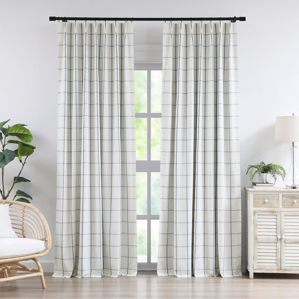 Vision Home Blue Plaid Linen Pinch Pleated Full Blackout Curtains 40Wx84Lx2