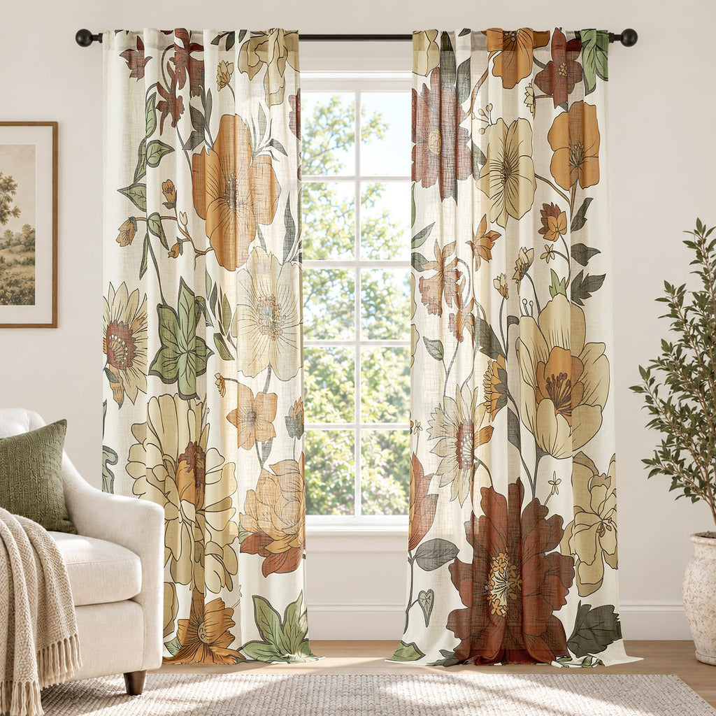 jinchan Beige Floral Linen Curtains 84 Inch Farmhouse Back Tab 2 Panels