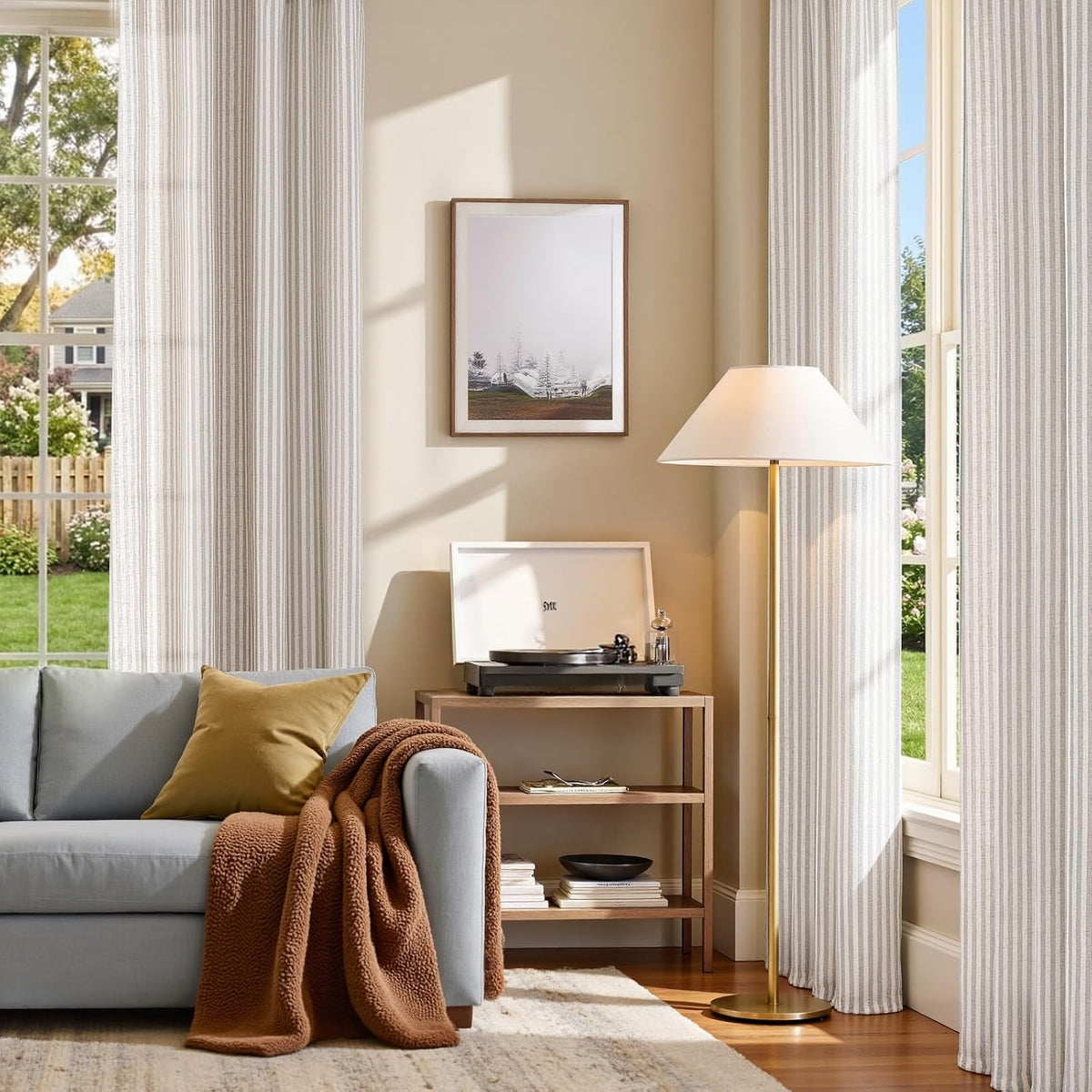 jinchan Linen Curtains 84 Inch Taupe Stripe on Linen Grommet 2 Panels