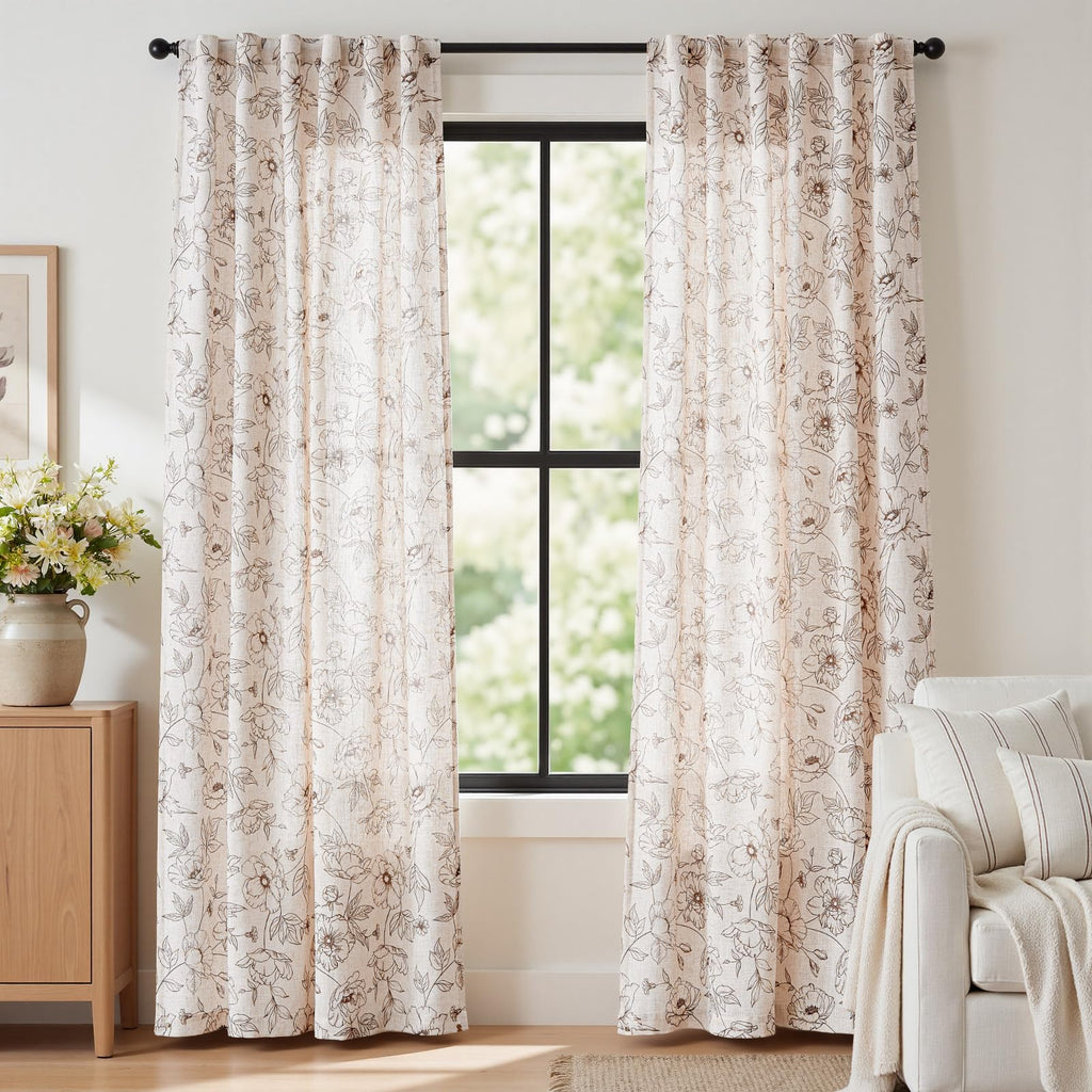 jinchan Taupe Floral Linen Curtains 84 Inch Farmhouse Back Tab 2 Panels