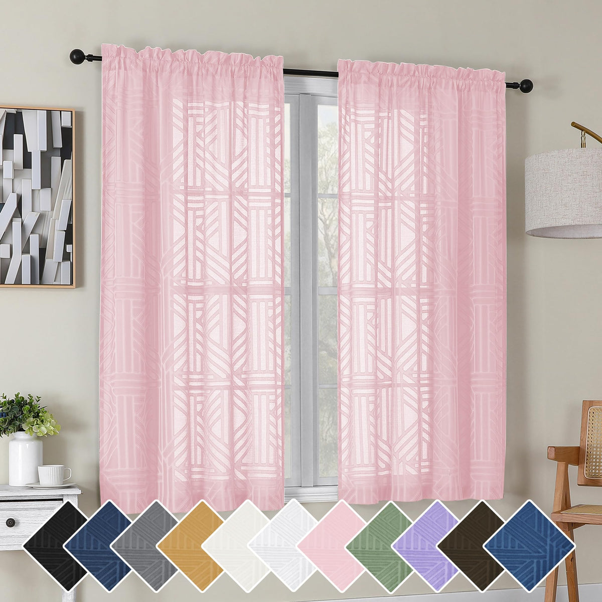 Simplebrand Dusty Blue Semi Sheer Curtains 45 Inch Length 2 Panels, Geometric Jacquard Clip Textured Short Sheer Curtains for Bedroom，Modern Elegant Window Curtains Drapes/Treatment Sheer，42x45 inch