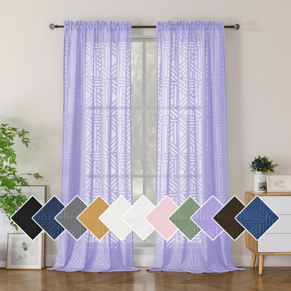 Simplebrand Dusty Blue Semi Sheer Curtains 45 Inch Length 2 Panels, Geometric Jacquard Clip Textured Short Sheer Curtains for Bedroom，Modern Elegant Window Curtains Drapes/Treatment Sheer，42x45 inch
