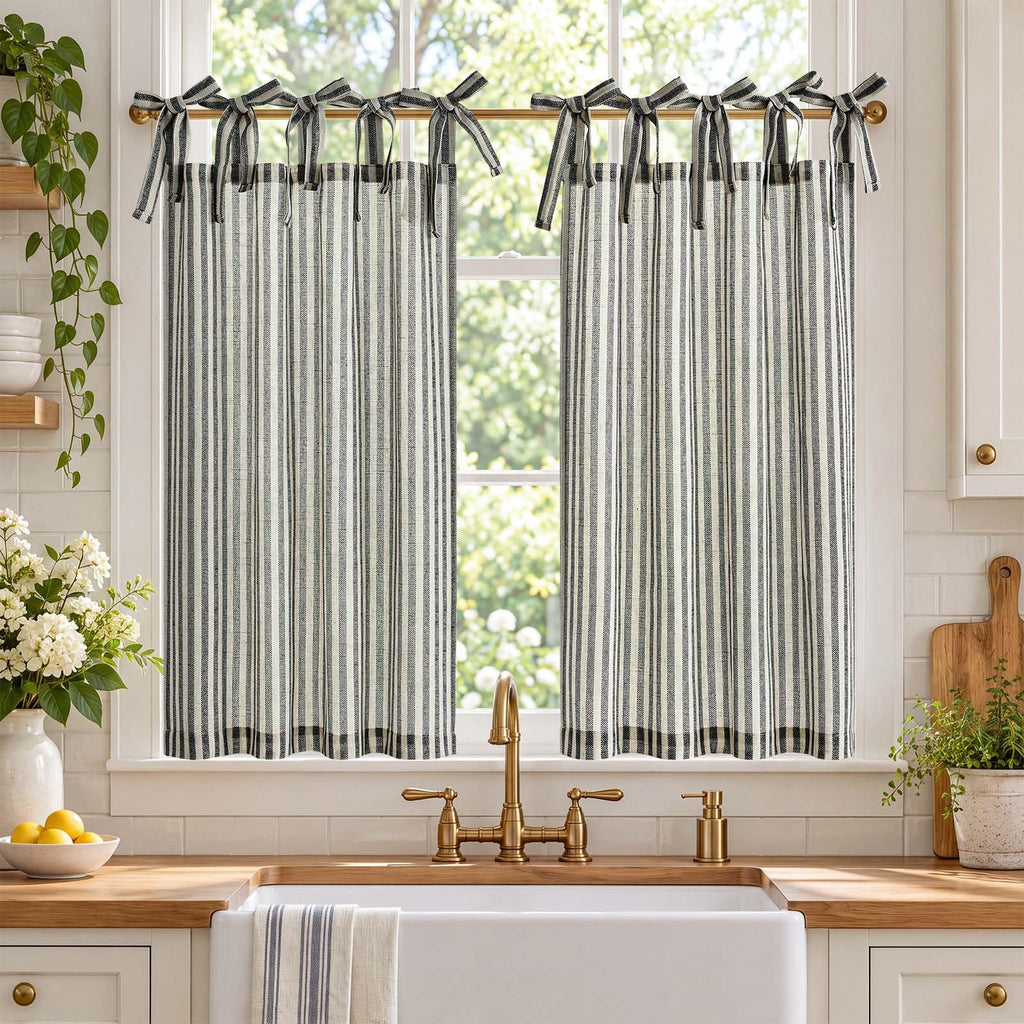 jinchan Striped Linen Kitchen Curtains 36 Inches Length Tier Curtains Farmhouse Modern Cafe Style Small Window Treatments Airy Light Filtering Rod Pocket for Living Room Bathroom 2 Panels Sage Green