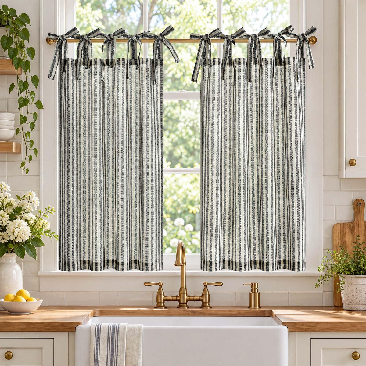 jinchan Striped Linen Kitchen Curtains 36 Inches Length Tier Curtains Farmhouse Modern Cafe Style Small Window Treatments Airy Light Filtering Rod Pocket for Living Room Bathroom 2 Panels Sage Green