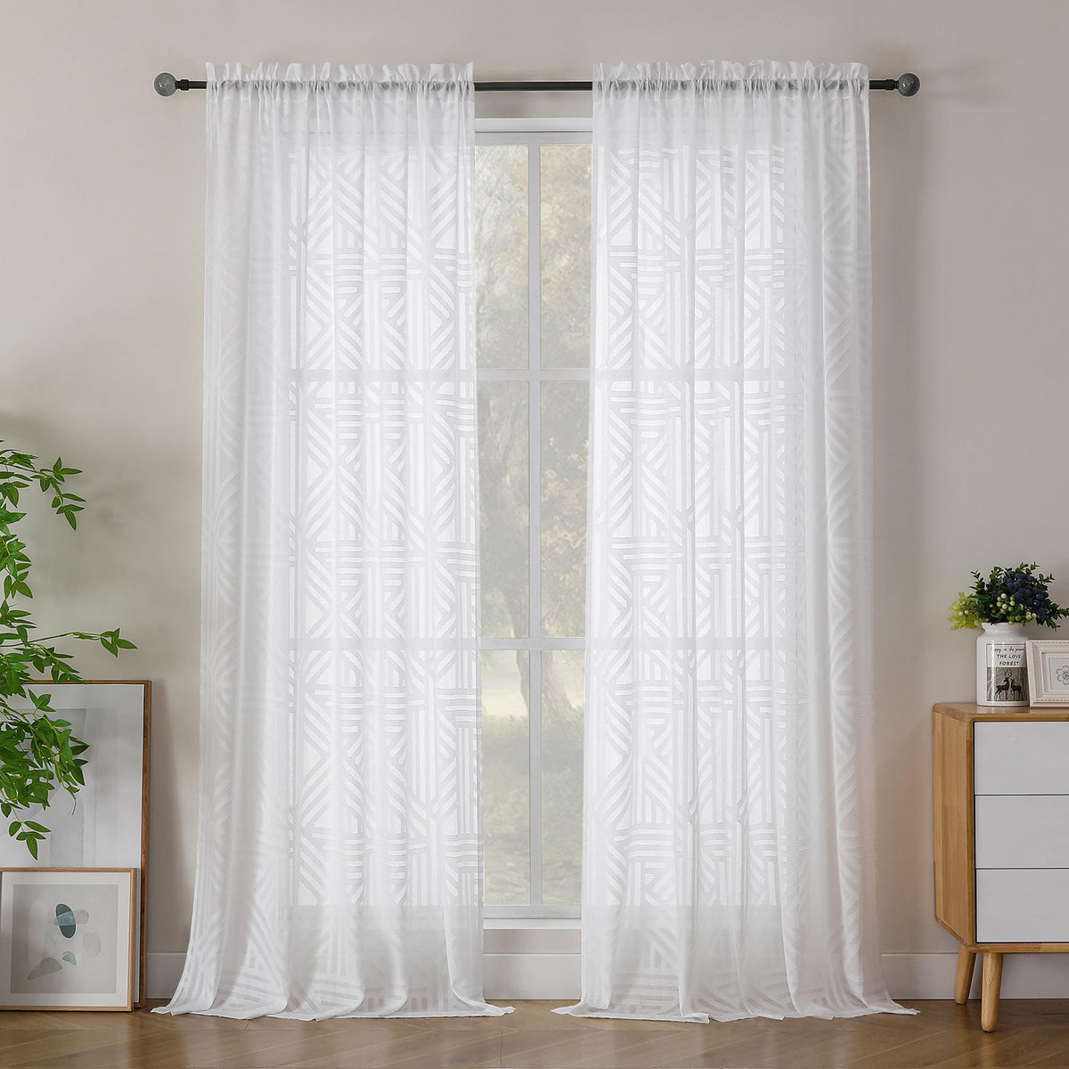 Simplebrand Dusty Blue Semi Sheer Curtains 45 Inch Length 2 Panels, Geometric Jacquard Clip Textured Short Sheer Curtains for Bedroom，Modern Elegant Window Curtains Drapes/Treatment Sheer，42x45 inch