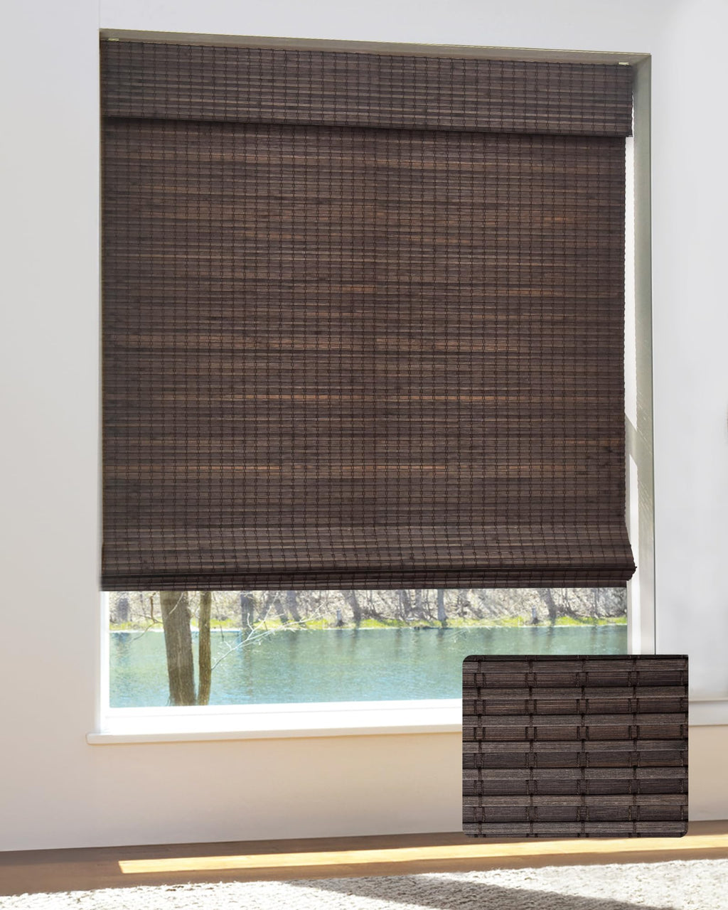 UNISHADES Bamboo Roman Shades w/Valance, 36" W × 64" H, Highfield Teak