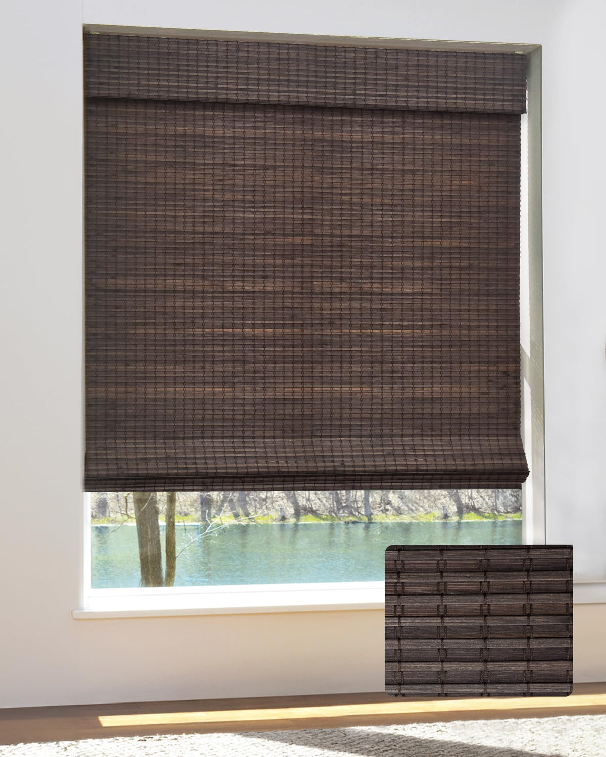 UNISHADES Bamboo Roman Shades w/Valance, 36" W × 64" H, Highfield Teak