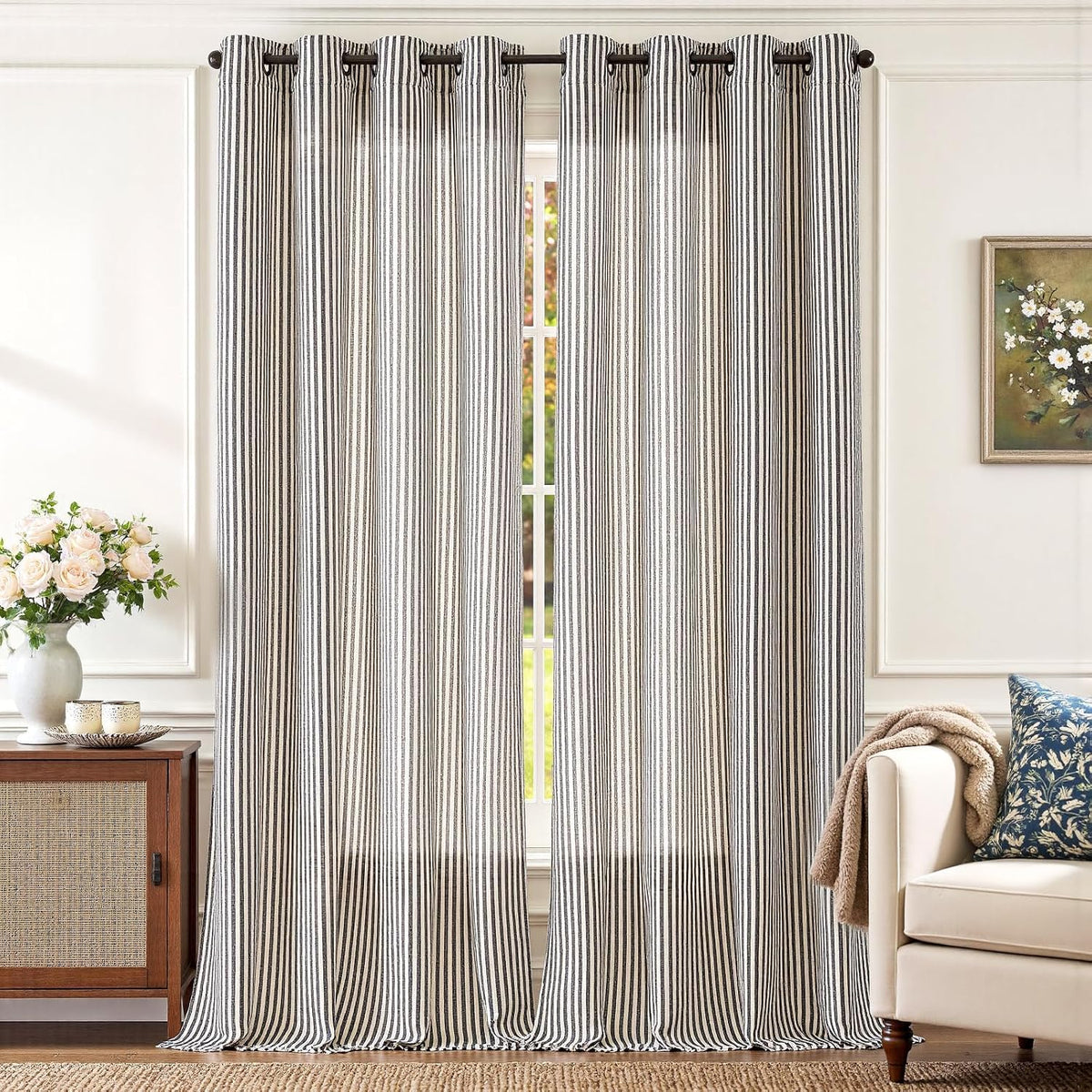 jinchan Linen Curtains 84 Inch Taupe Stripe on Linen Grommet 2 Panels