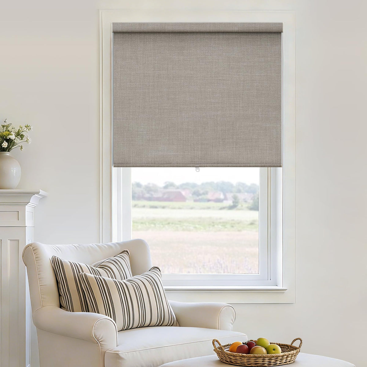 Blackout Roller Shades for Bedroom Window Cordless Free-Stop Blinds with Valance UV Protection 100% Black Out Linen Shades Blinds for Indoor Bathroom Windows Living Room Beige Oatmeal 34" W x 72" H