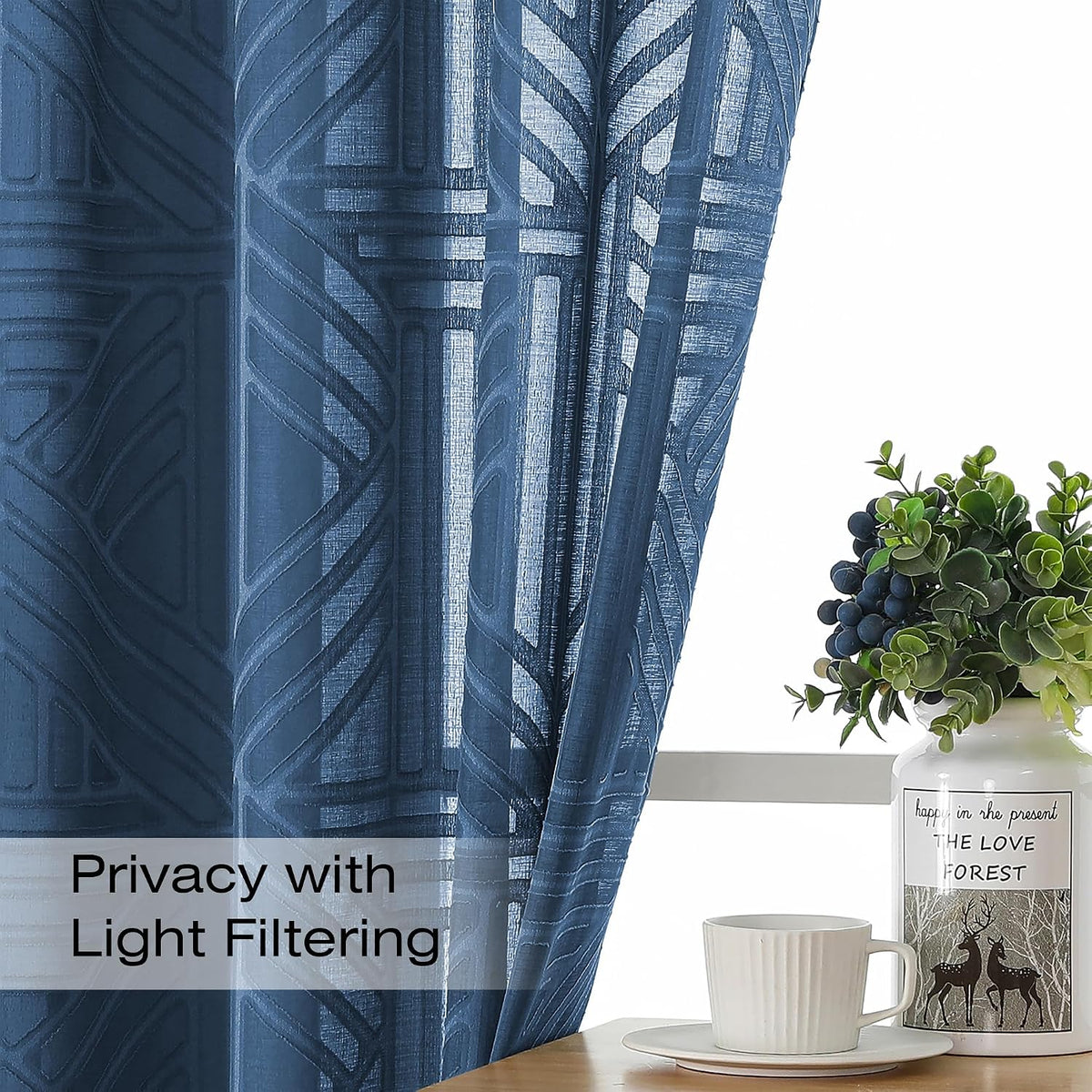 Simplebrand Dusty Blue Semi Sheer Curtains 45 Inch Length 2 Panels, Geometric Jacquard Clip Textured Short Sheer Curtains for Bedroom，Modern Elegant Window Curtains Drapes/Treatment Sheer，42x45 inch