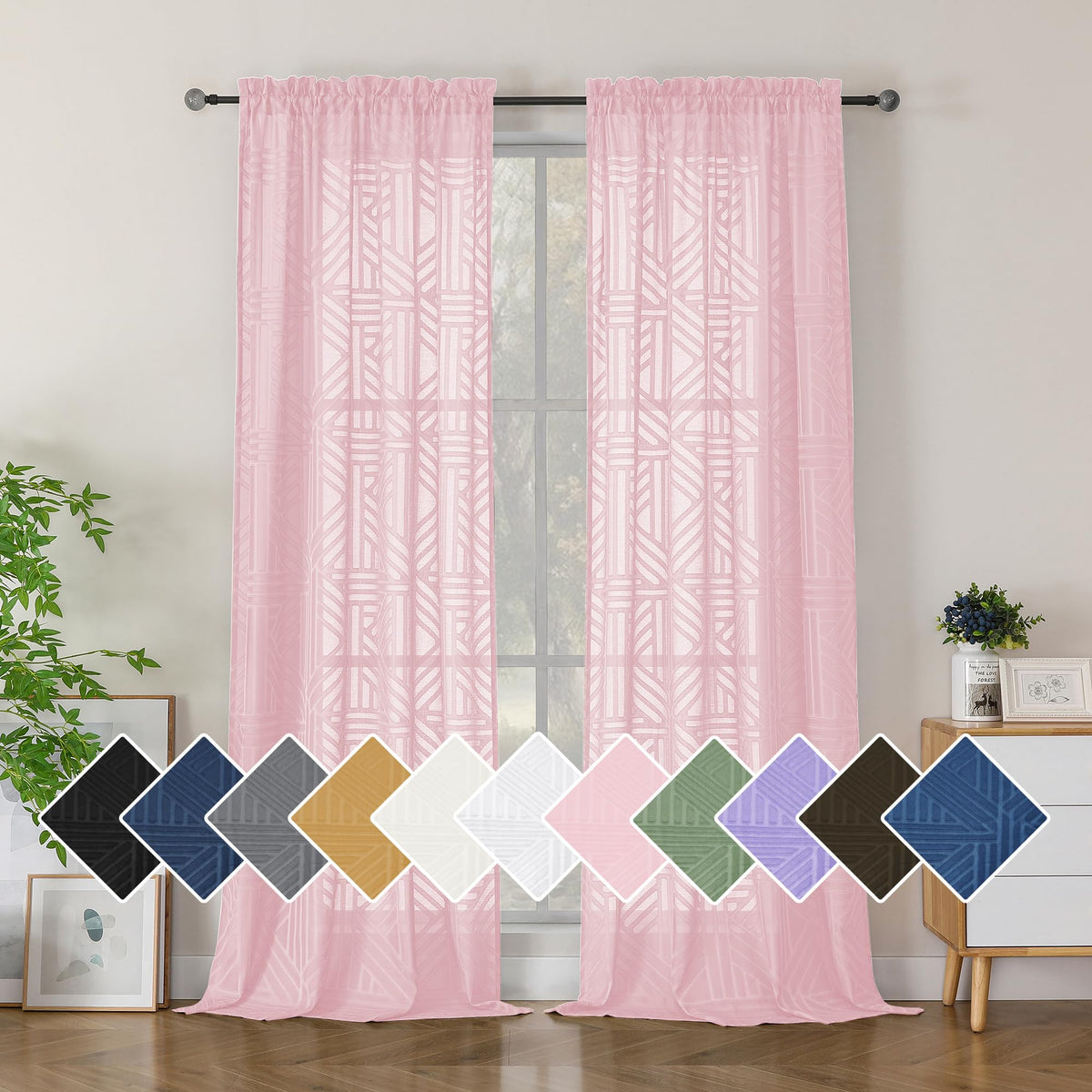 Simplebrand Dusty Blue Semi Sheer Curtains 45 Inch Length 2 Panels, Geometric Jacquard Clip Textured Short Sheer Curtains for Bedroom，Modern Elegant Window Curtains Drapes/Treatment Sheer，42x45 inch