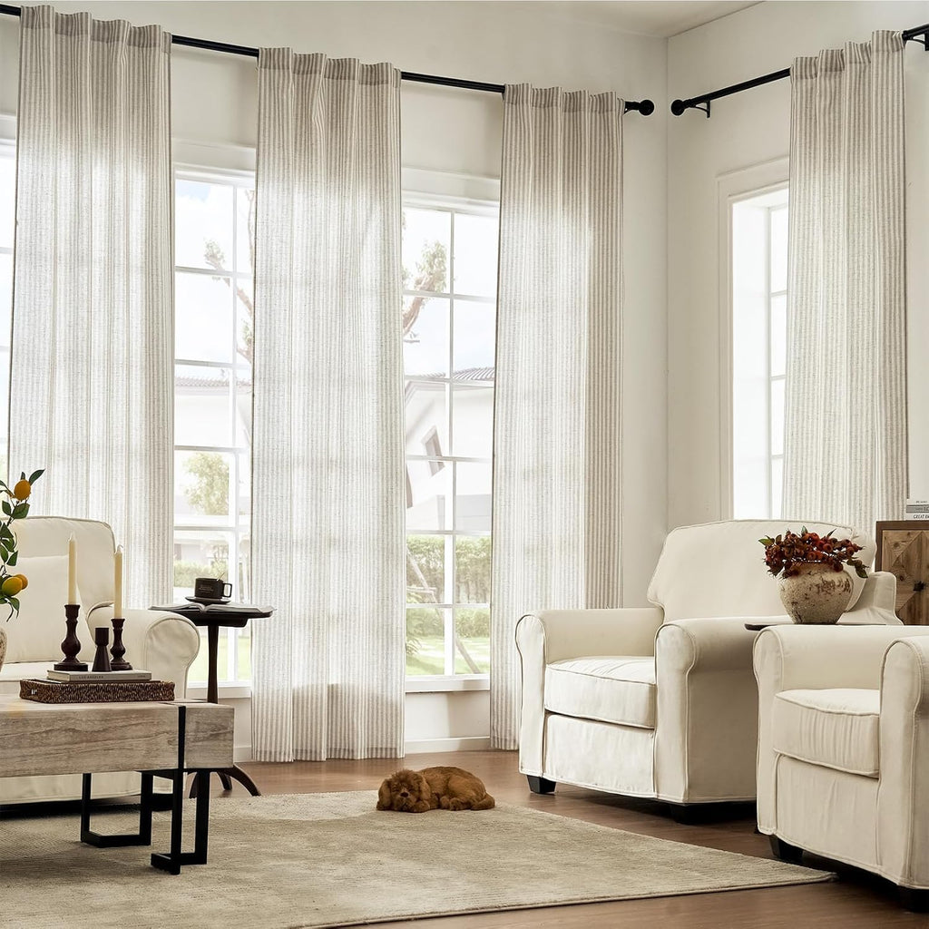 jinchan Linen Curtains 84 Inch Taupe Stripe on Linen Grommet 2 Panels