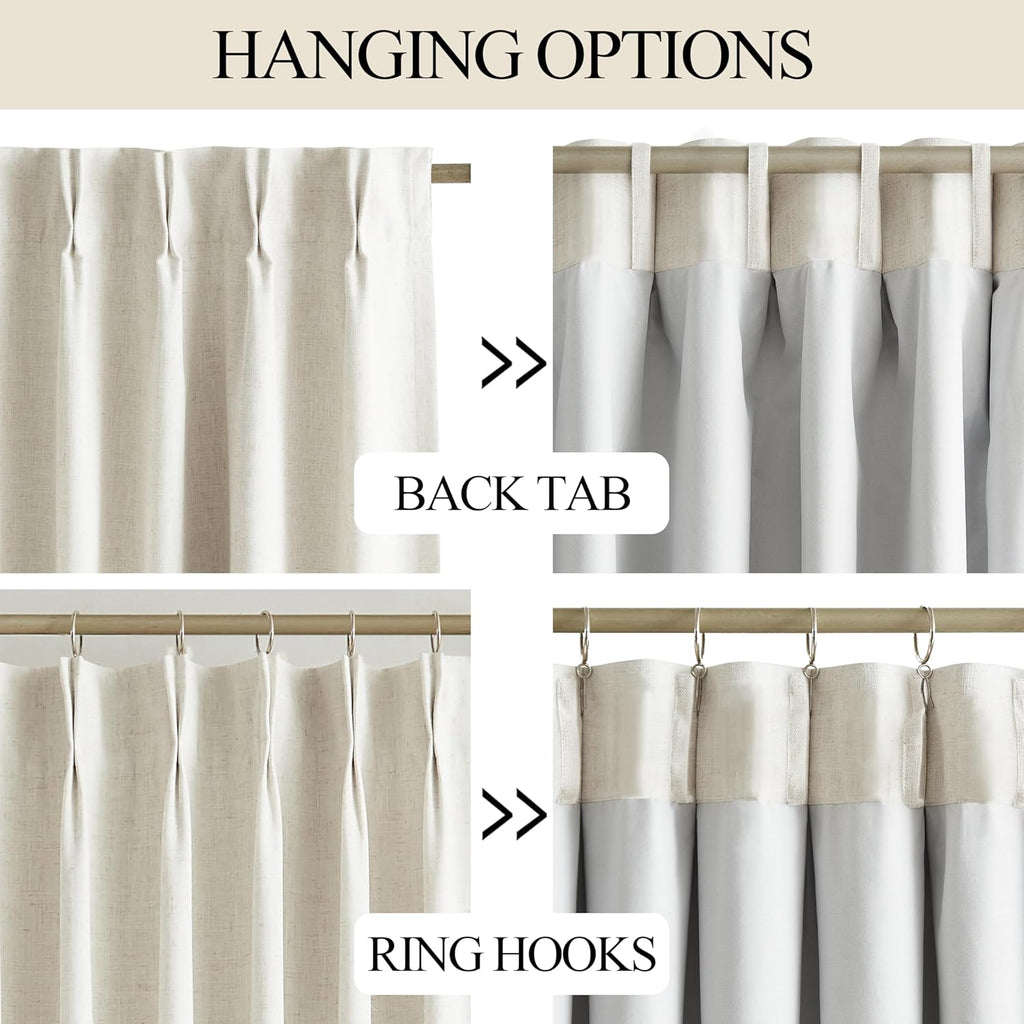 Vision Home Natural Pinch Pleated Full Blackout Curtains Linen Blended Room Darkening Window Curtains 108 inch for Living Room Bedroom Thermal Insulated Pinch Pleat Drapes with Hooks 40" Wx108 Lx2