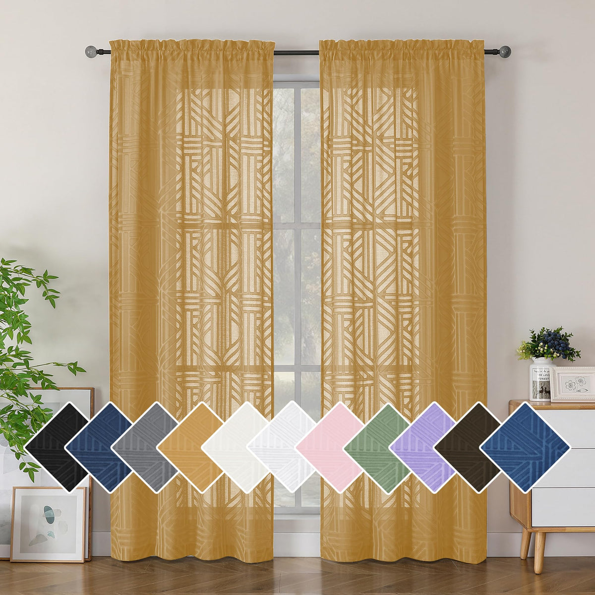 Simplebrand Dusty Blue Semi Sheer Curtains 45 Inch Length 2 Panels, Geometric Jacquard Clip Textured Short Sheer Curtains for Bedroom，Modern Elegant Window Curtains Drapes/Treatment Sheer，42x45 inch