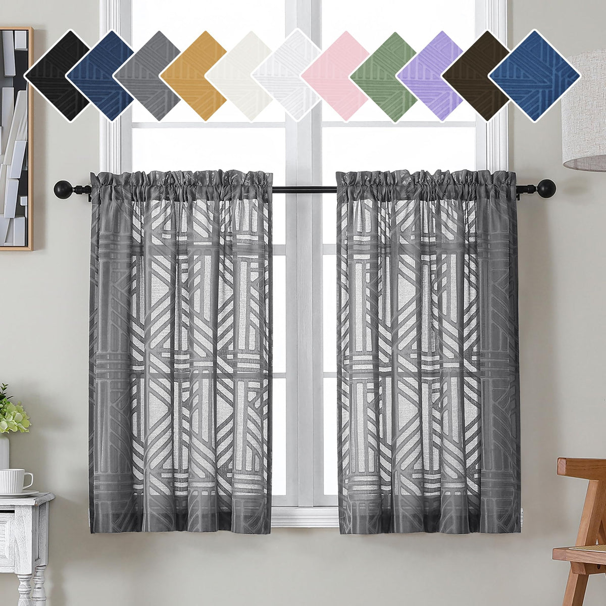 Simplebrand Dusty Blue Semi Sheer Curtains 45 Inch Length 2 Panels, Geometric Jacquard Clip Textured Short Sheer Curtains for Bedroom，Modern Elegant Window Curtains Drapes/Treatment Sheer，42x45 inch