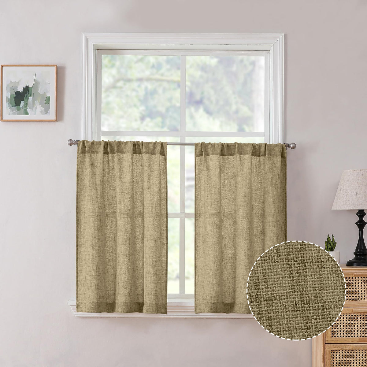 Tollpiz Linen Tier Curtains Rod Pocket Semi Sheer Short Kitchen Curtain Half Burlap Light Filtering Thick Linen Drape for Bathroom, 30 x 30 inches Long, Natural, Set of 2 Panels