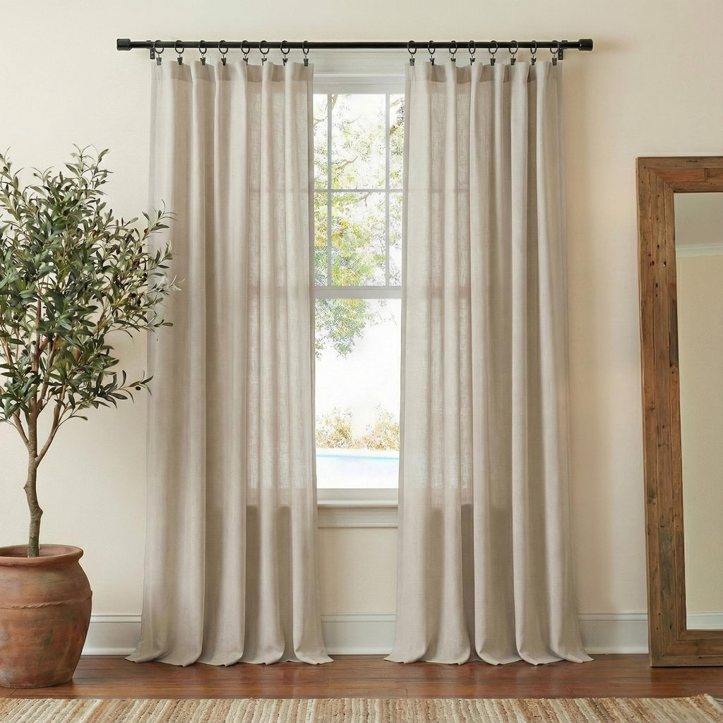 NICETOWN Flax Sheer Linen Curtains for Living Room 95 inch Long 2 Panels, Rod Pocket & Back Tab Semi Sheer Drapes Privacy Added with Light Filtering for Bedroom/Living Room, Natural, W55 x L95