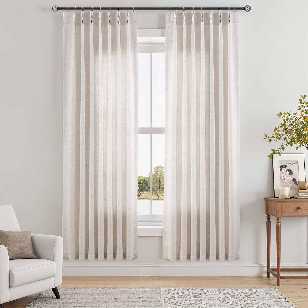 Aersas Linen Pinch Pleated Curtains 84 Inch Length 2 Panels Set for Living Room Cream Semi Sheer Window Curtain for Bedroom Boho Farmhouse Neutral Back Tab Drape Decor with Hooks, Natural Beige Ivory