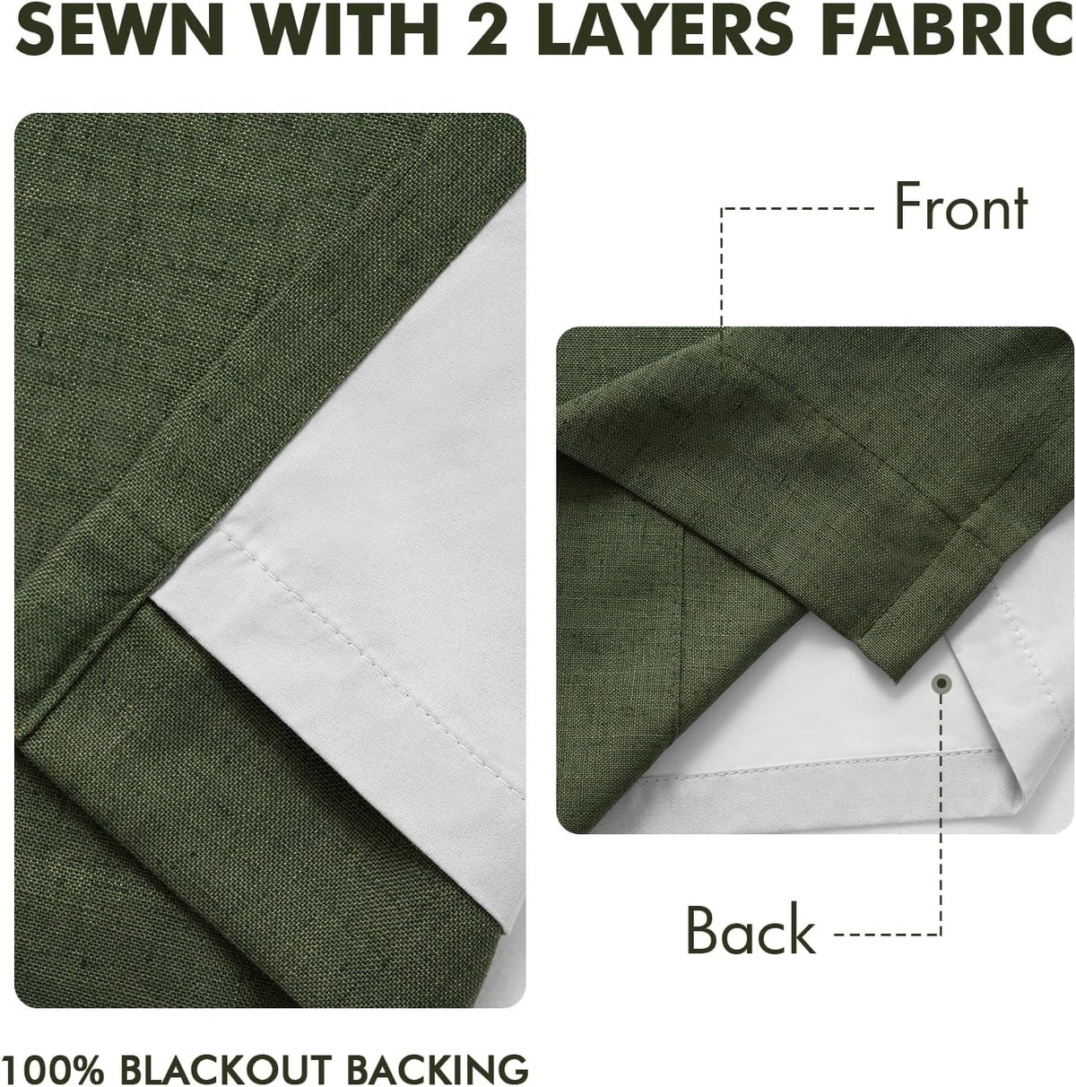 MIULEE Olive Green Pinch Pleated 100% Blackout Linen Curtains 40x108 Inches