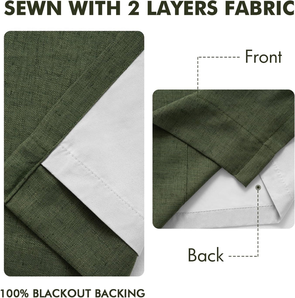 MIULEE Olive Green Pinch Pleated 100% Blackout Linen Curtains 40x108 Inches