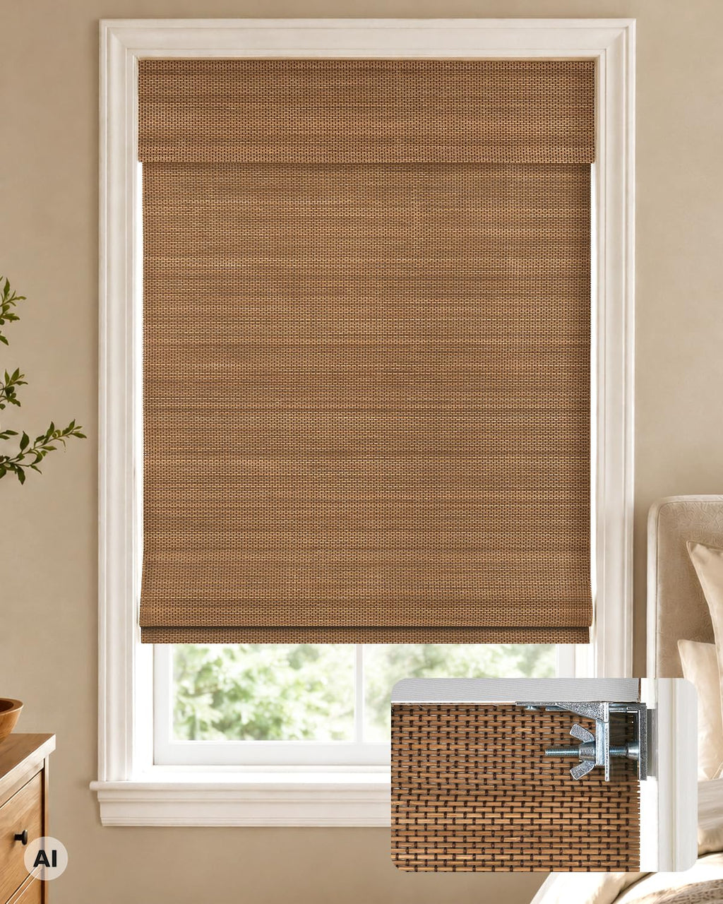 LazBlinds 100% Blackout No Drill Bamboo Roman Shades, Cordless Bamboo Blinds for Indoor Windows, Room Darkening Shades for Home & Patio, Thermal Insulated, Brown206, 20" W x 48" H