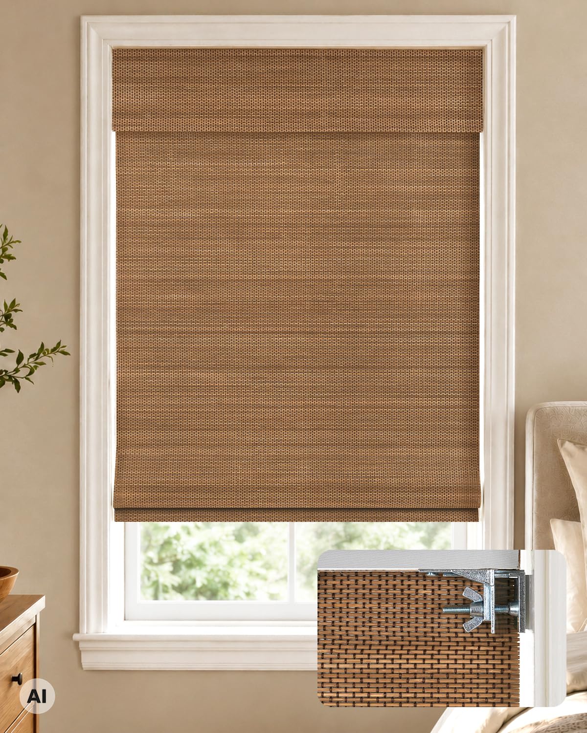 LazBlinds 100% Blackout No Drill Bamboo Roman Shades, Cordless Bamboo Blinds for Indoor Windows, Room Darkening Shades for Home & Patio, Thermal Insulated, Brown206, 20" W x 48" H