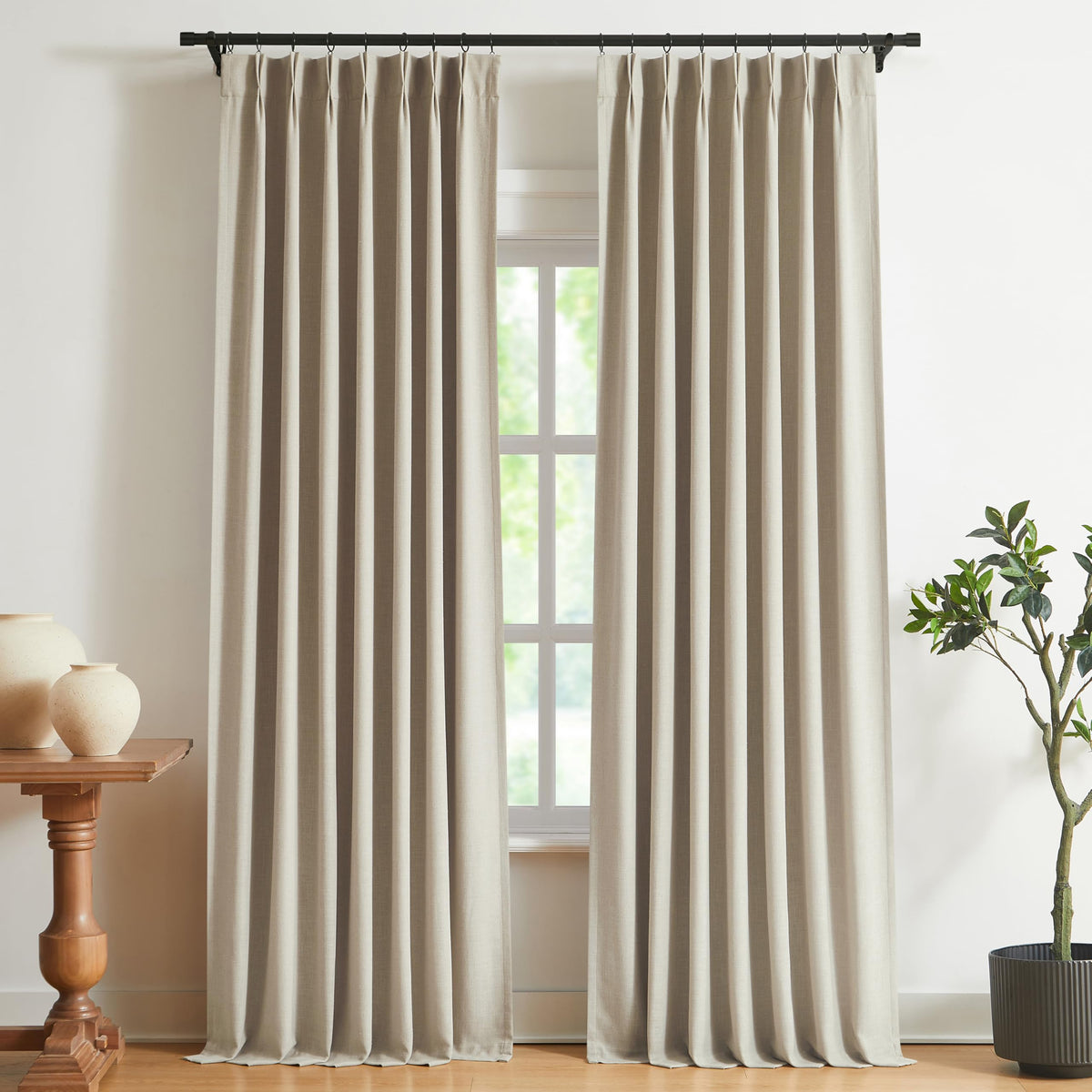 Vision Home Natural Pinch Pleated Full Blackout Curtains Linen Blended Room Darkening Window Curtains 108 inch for Living Room Bedroom Thermal Insulated Pinch Pleat Drapes with Hooks 40" Wx108 Lx2