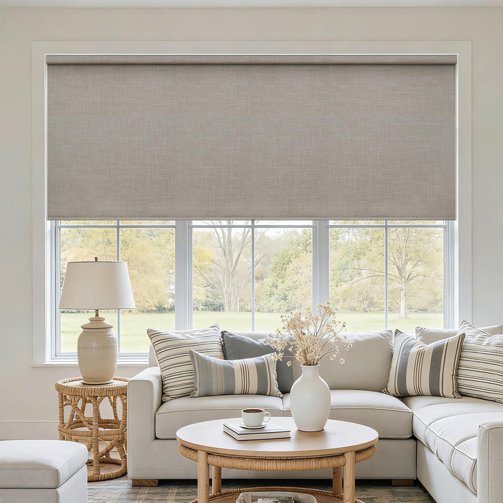 Extra Wide Beige Roller Shades 100% Blackout Blinds for Large Window Bedroom Living Room Dining Free-Stop Cordless Thermal Insulated Black Out Shades with Valance, Room Darkening Blinds Oatmeal,72x72