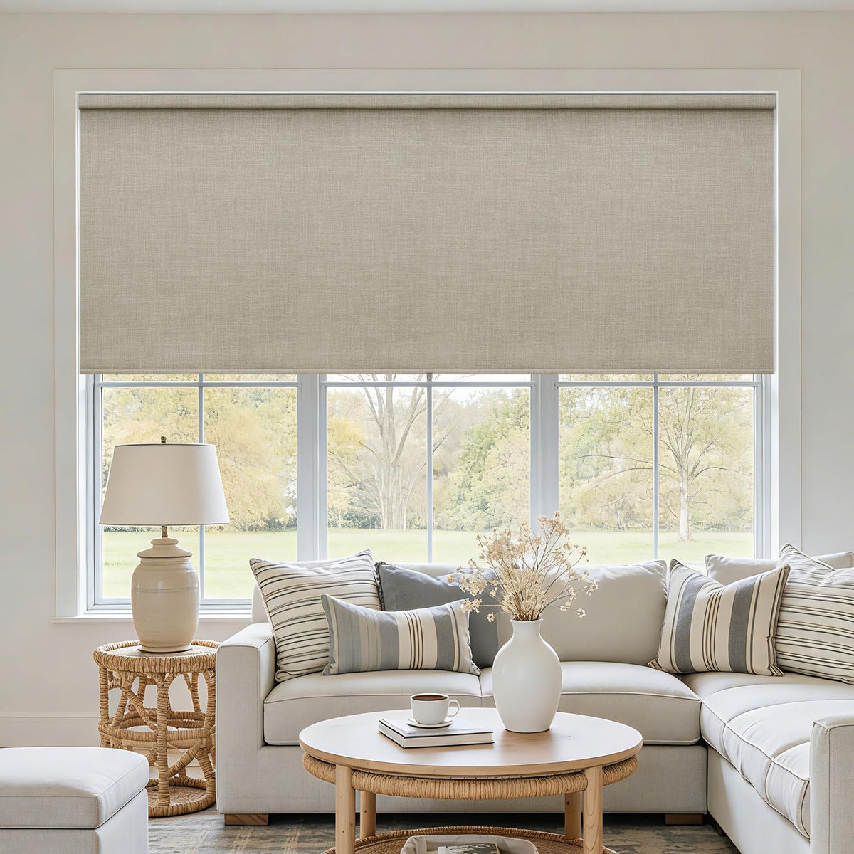 Extra Wide Beige Roller Shades 100% Blackout Blinds for Large Window Bedroom Living Room Dining Free-Stop Cordless Thermal Insulated Black Out Shades with Valance, Room Darkening Blinds Oatmeal,72x72