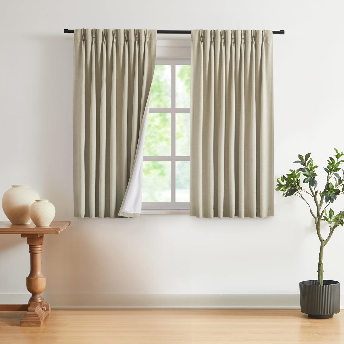 Vision Home Natural Pinch Pleated Full Blackout Curtains Linen Blended Room Darkening Window Curtains 108 inch for Living Room Bedroom Thermal Insulated Pinch Pleat Drapes with Hooks 40" Wx108 Lx2