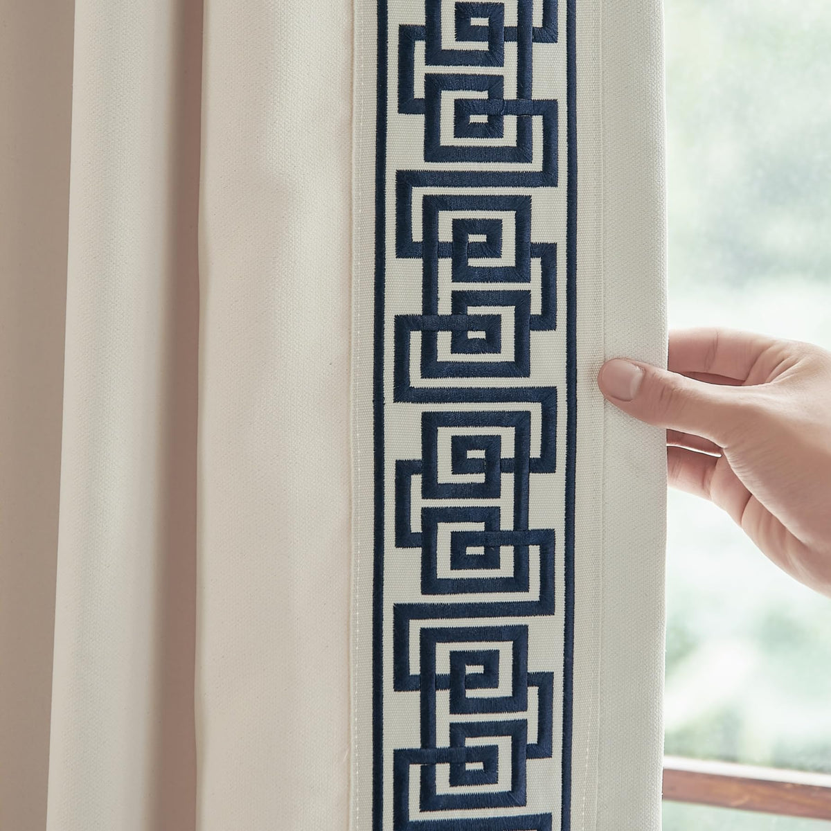 VisionaryHomeDesign Blue Pinch Pleat Cotton Linen Blend Curtains, Drapes with Greek Key Trim, Room Darkening Curtains for Rooms Doors Windows (50‘’W x 84‘’L)