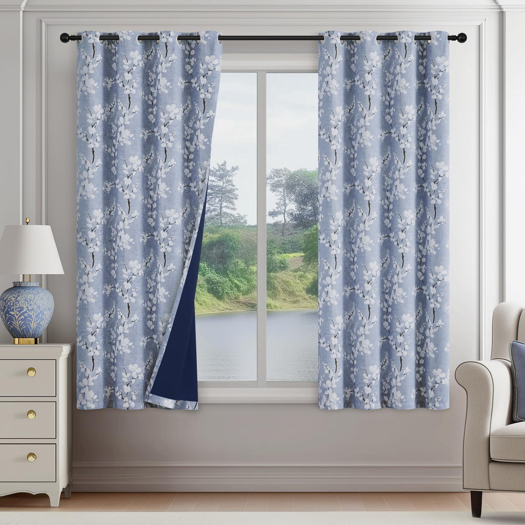 FMFUNCTEX Blue Blackout Floral Curtains, Bedroom, 100X84 Inches, 1 Panel