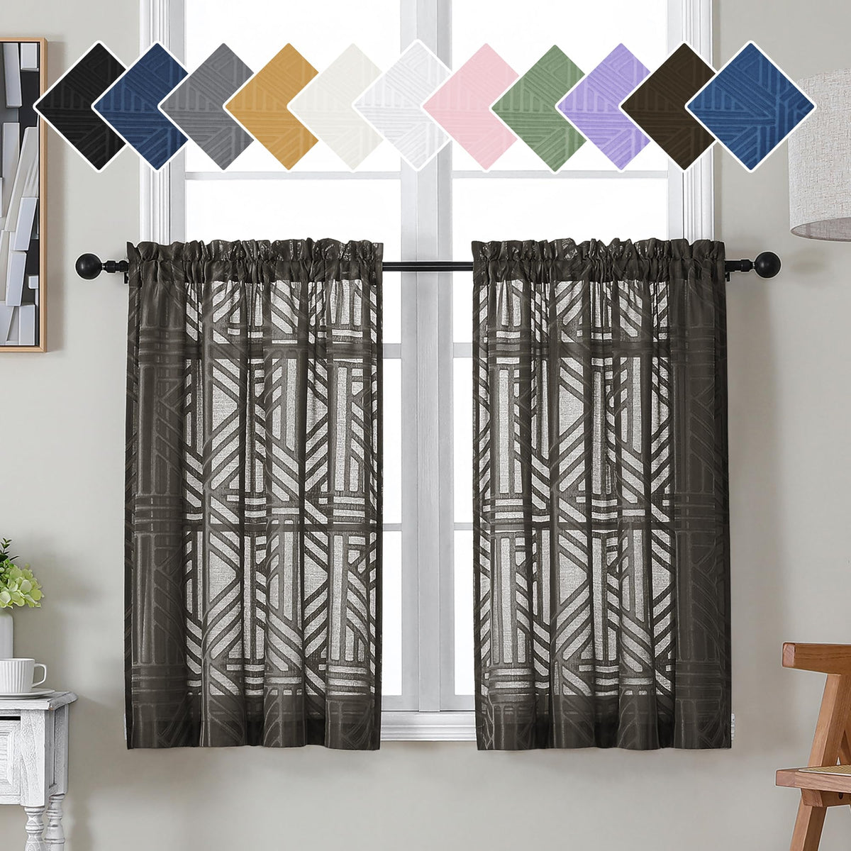 Simplebrand Dusty Blue Semi Sheer Curtains 45 Inch Length 2 Panels, Geometric Jacquard Clip Textured Short Sheer Curtains for Bedroom，Modern Elegant Window Curtains Drapes/Treatment Sheer，42x45 inch