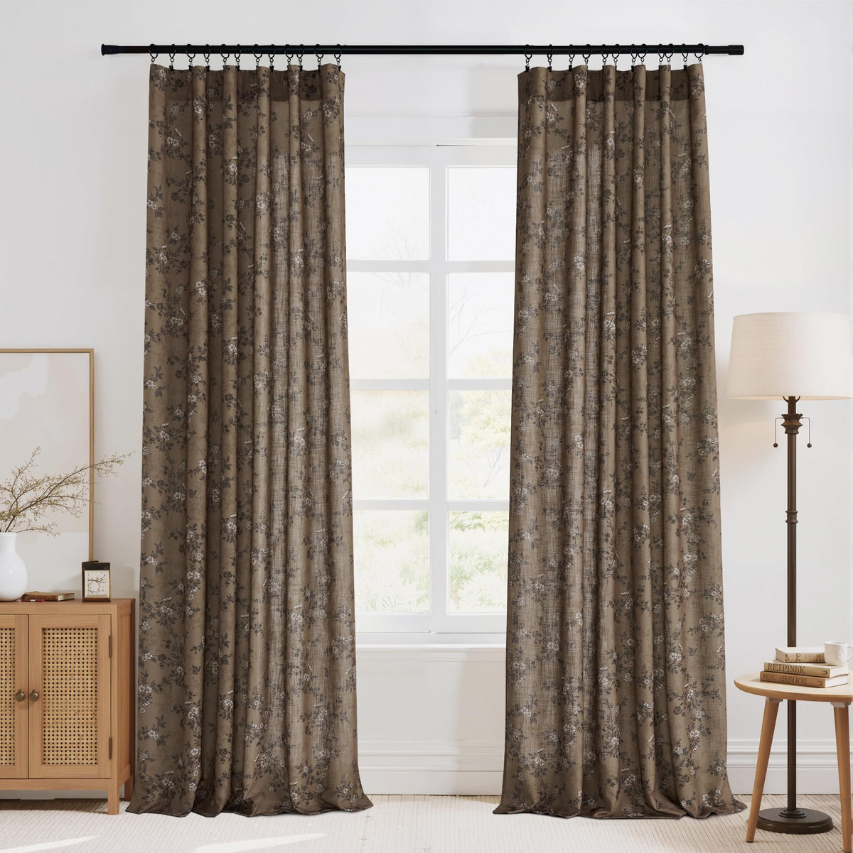 StangH Natural Linen Curtains Vintage Floral Print 108 Inch 2 Panels