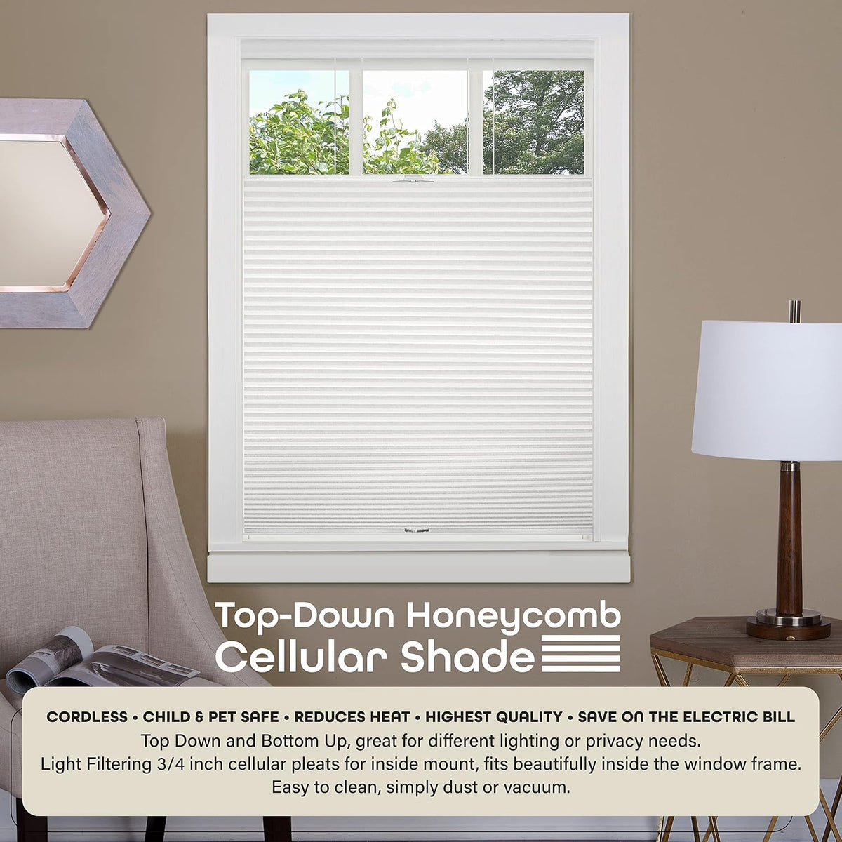 Cordless Cellular Pleated Shades, 27 x 64 in, White, Light Filtering