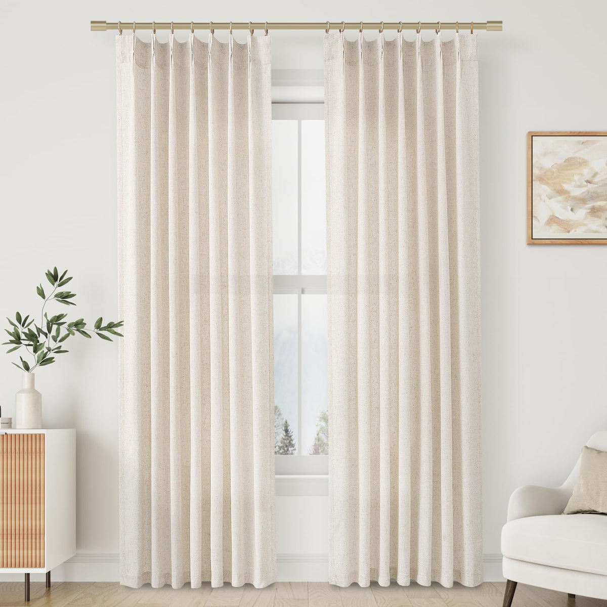 Aersas Linen Pinch Pleated Curtains 84 Inch Length 2 Panels Set for Living Room Cream Semi Sheer Window Curtain for Bedroom Boho Farmhouse Neutral Back Tab Drape Decor with Hooks, Natural Beige Ivory