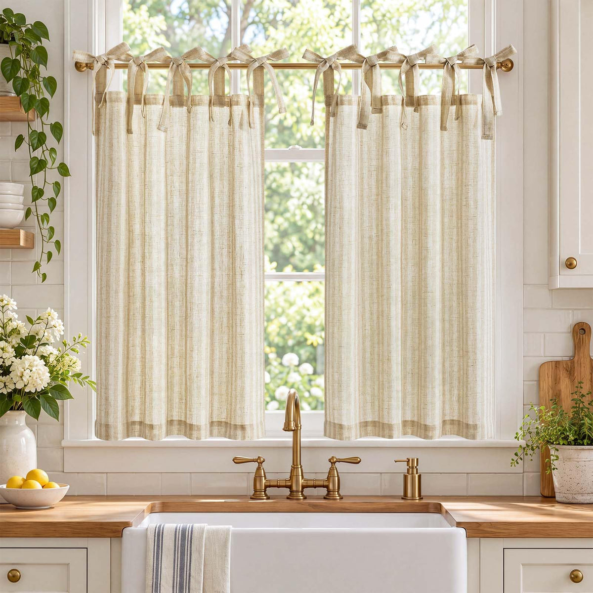 jinchan Striped Linen Kitchen Curtains 36 Inches Length Tier Curtains Farmhouse Modern Cafe Style Small Window Treatments Airy Light Filtering Rod Pocket for Living Room Bathroom 2 Panels Sage Green