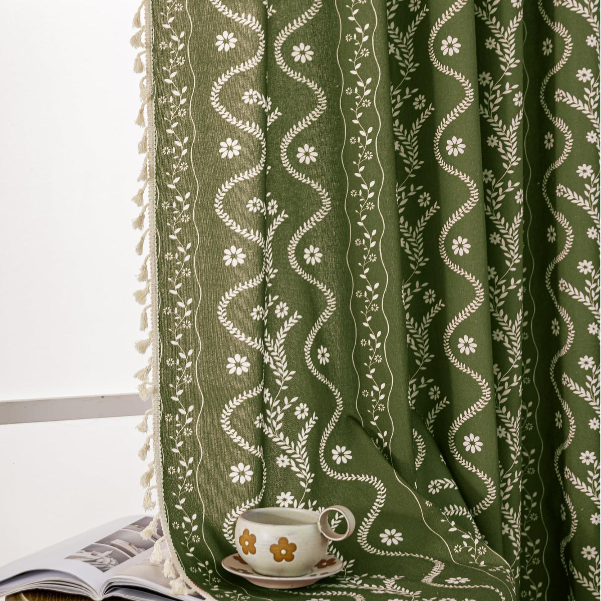 Navy Blue Boho Curtains 72 Inch Long for Living Room, Bedroom, 2 Panels Floral Farmhouse Vintage Tassel Semi Sheer Light Filtering Privacy Window Curtain Drapes with Rod Pocket, Navy Blue