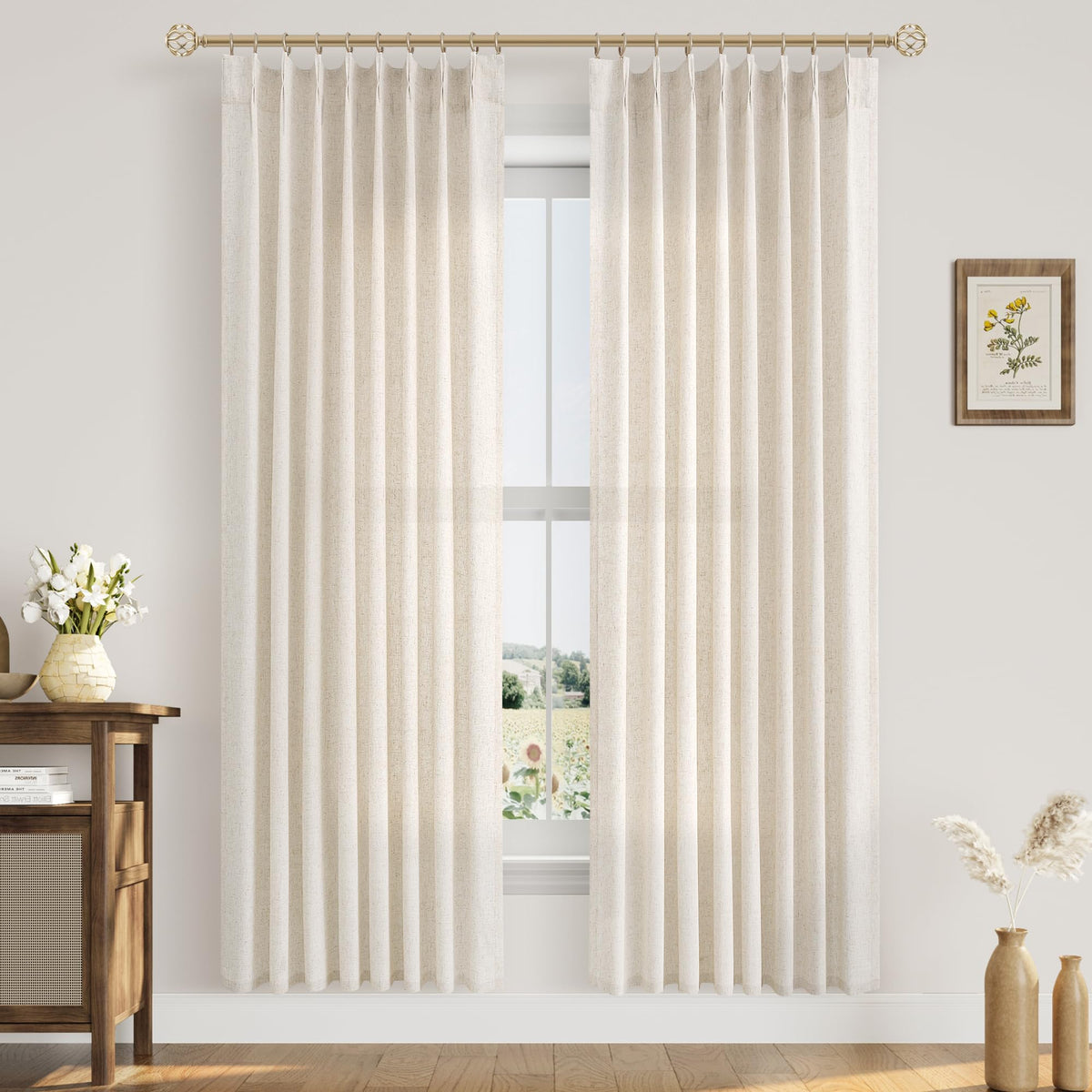 Aersas Linen Pinch Pleated Curtains 84 Inch Length 2 Panels Set for Living Room Cream Semi Sheer Window Curtain for Bedroom Boho Farmhouse Neutral Back Tab Drape Decor with Hooks, Natural Beige Ivory